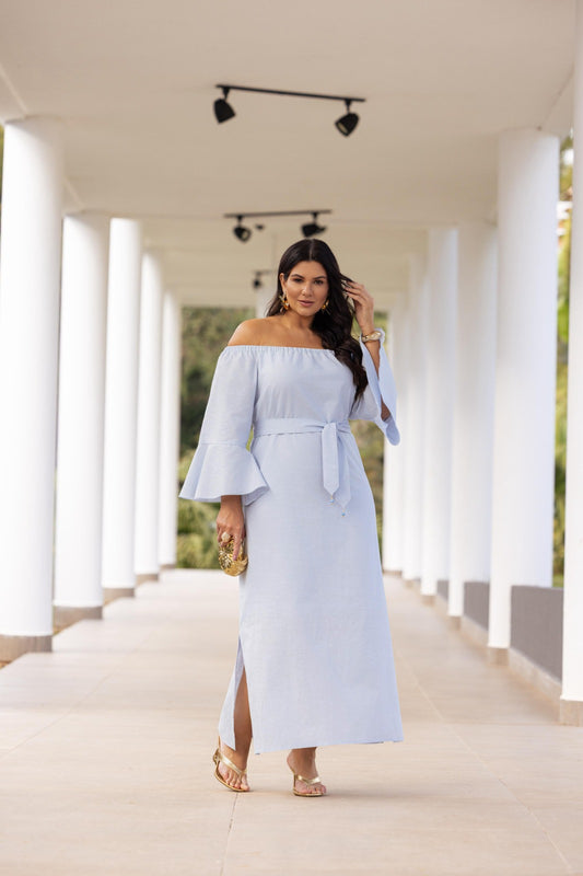 Vestido de linho ombro a ombro